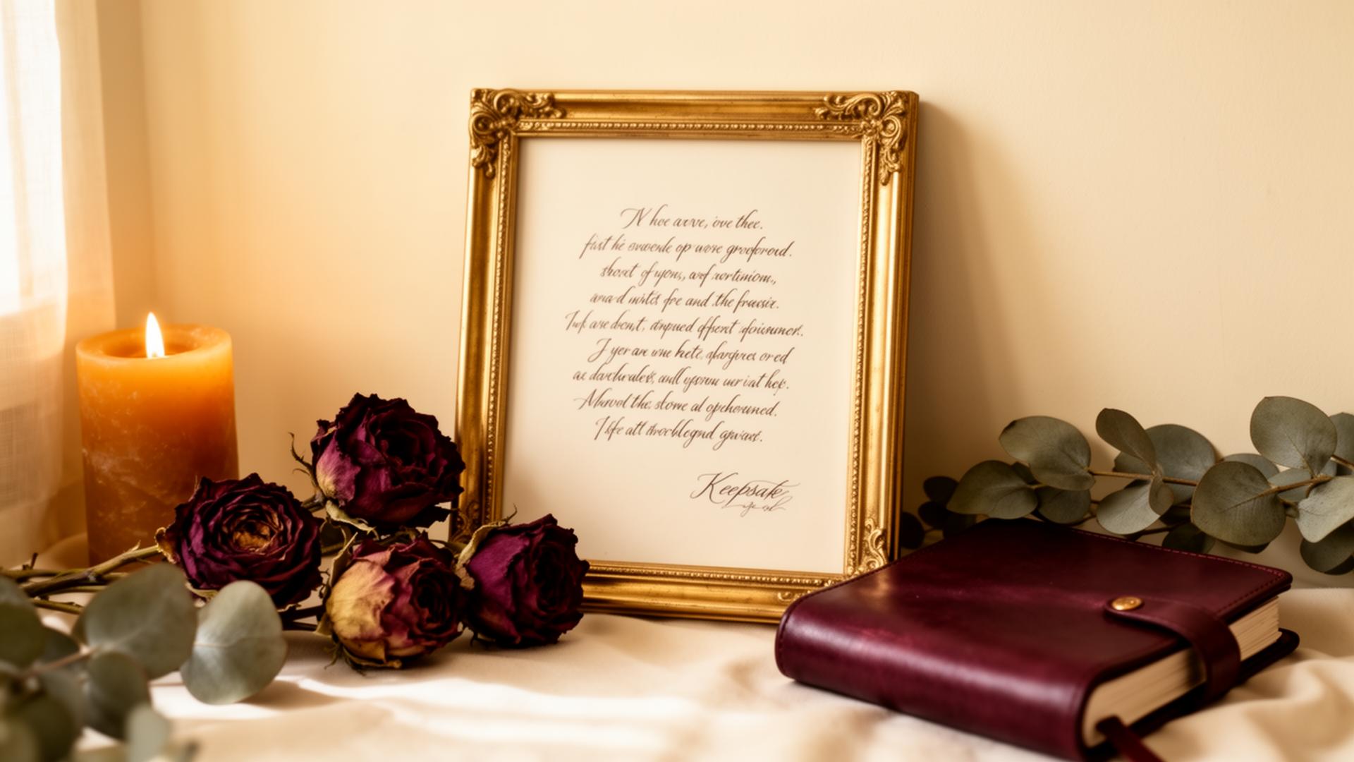 Personalized framed poem with roses, candle and journal